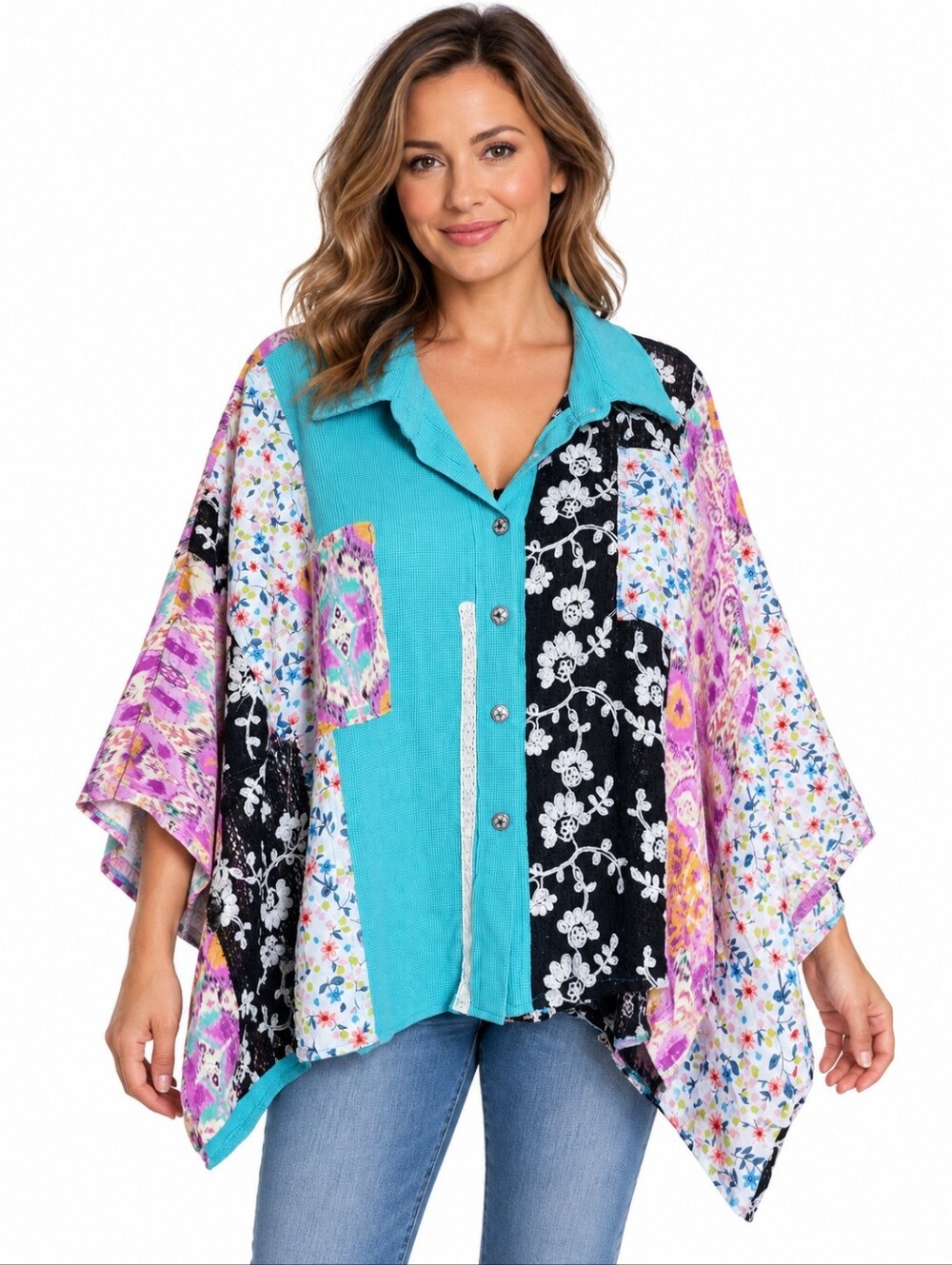 POL Patchwork Oversized Button Front Top Aqua Floral Boho Size M